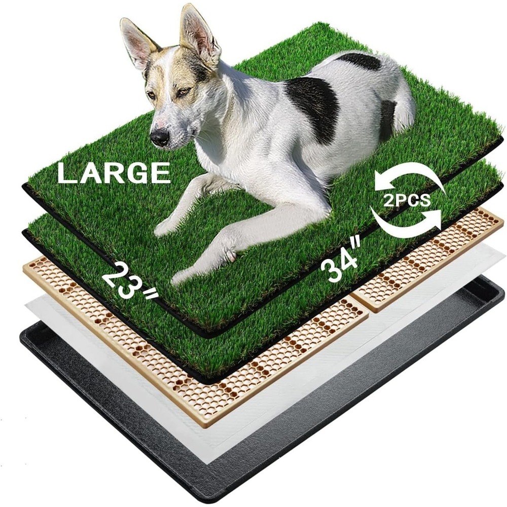 Large Dog Grass Pee Pad Tray 34"x23" w/ 2 Artificial Grass Mats Indoor Outdoor